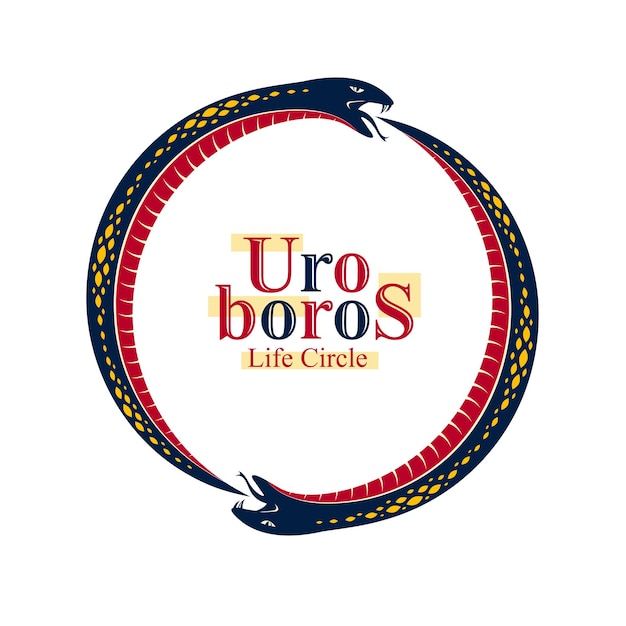 Serpiente de Ouroboros en forma de círculo, ciclo sin fin de vida y muerte, ilustración de vector de símbolo de Uroboros antiguo, Serpiente comiendo su propio cuento, logotipo, emblema o tatuaje.