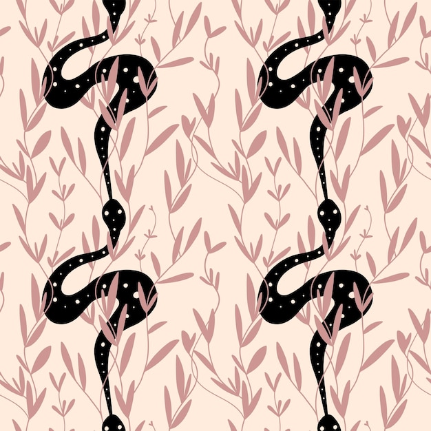 Serpiente de patrones sin fisuras Boho reptil con hojas esotéricas y celestiales Impresión dibujada a mano doodle mago textil Papel pintado y tela elementos místicos sobre fondo rosa vector telón de fondo