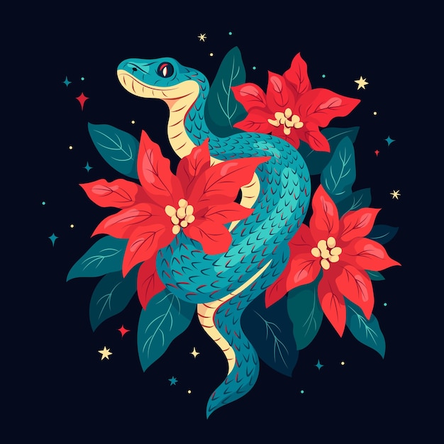 Serpiente con poinsettia de invierno Vector iemplate 2025 Año de la serpiente para imprimir cartel de camiseta volante pancarta