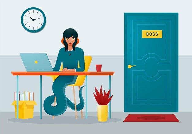 La serpiente secretaria estricta se sienta en la oficina frente a la puerta del jefe.