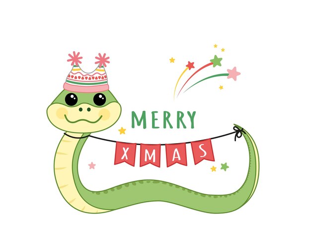 Serpiente con sombrero gracioso sostiene una guirnalda Feliz Navidad dibujos animados Ilustración vectorial aislada eps 10