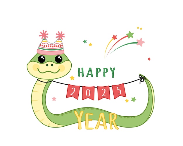 Serpiente en sombrero con guirnalda Feliz año nuevo 2025 Tarjeta de felicitación Vector de dibujos animados