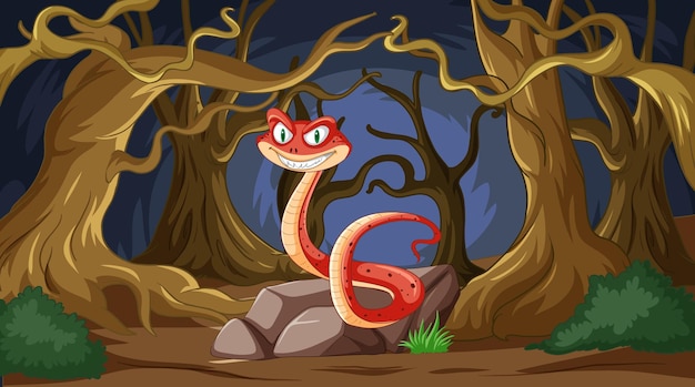 Serpiente sonriente en un bosque misterioso