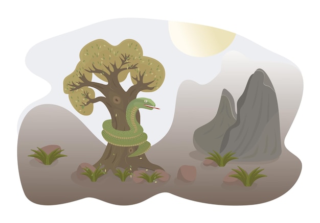 Serpiente verde en el árbol cerca de las montañas vector ilustración colorida