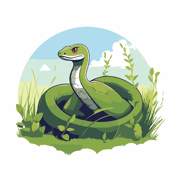 Vector serpiente verde en la hierba ilustración vectorial de una serpiente de dibujos animados