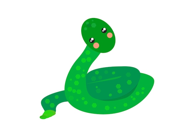 Una serpiente verde con nariz rosa se sienta sobre un fondo blanco.
