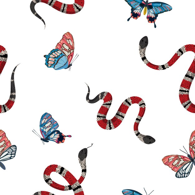 Serpientes de coral y mariposas tropicales de patrones sin fisuras. Fondo de moda de serpiente para tela textil, estampados, papel tapiz. Textura ornamental de la naturaleza de la fauna animal. Ilustración vectorial