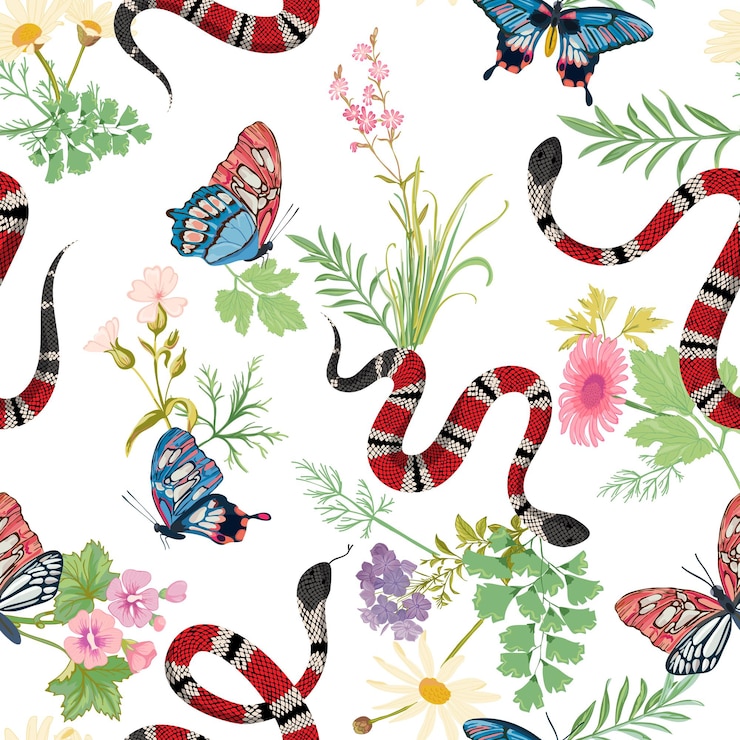 Vector serpientes de coral y mariposas tropicales de patrones sin fisuras. fondo de moda de serpiente para tela textil, estampados, papel tapiz. textura ornamental de la naturaleza de la fauna animal. ilustración vectorial