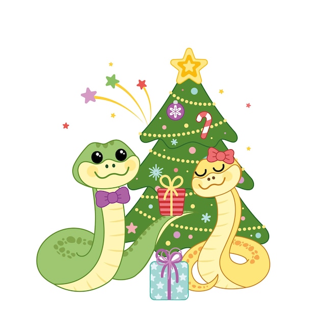 Las serpientes se desean una Feliz Navidad Niño y niña serpientes cajas de regalos abeto vector de dibujos animados