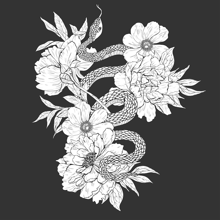 Vector serpientes y flores tattoo art libros para colorear