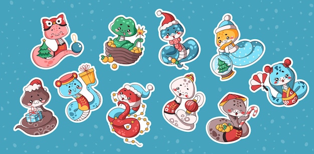 Serpientes Kawaii celebrando el Año Nuevo Chino paquete de pegatinas planas
