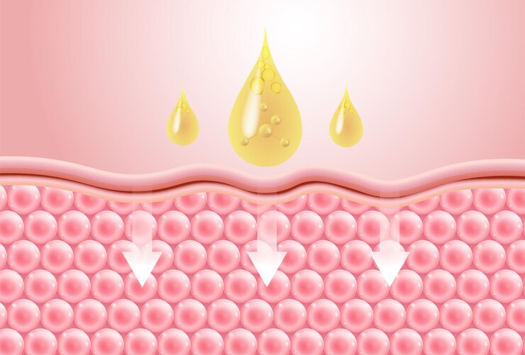 Vector serum de colágeno o gota de oro de esencia de aceite con partículas y reparaciones de la piel desigual vector belleza