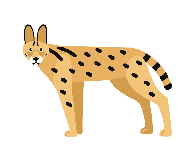 Vector serval aislado sobre fondo blanco. gato salvaje africano de cuerpo esbelto y pelaje manchado. hermoso animal depredador exótico. hermoso mamífero carnívoro. ilustración de vector de estilo de dibujos animados plana.