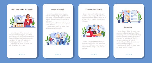 Servicio de agencia inmobiliaria banner de aplicación móvil conjunto compra de propiedad