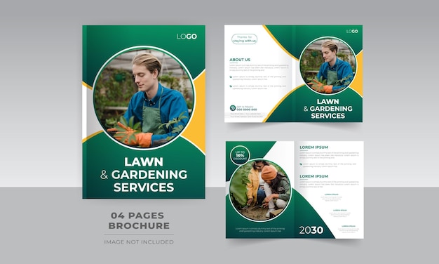 Vector servicio agrícola de césped y jardinería diseño de folleto plegable de 4 páginas para negocios de plantas de vivero