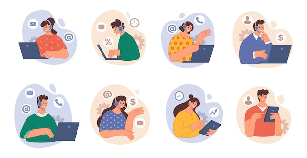 Servicio al cliente Atención al cliente Apoyo técnico horario para el centro de negocios Agente de ayuda profesional Chatbot línea 24 7 Personas con dispositivo móvil Vector resumen conjunto de ilustraciones ordenadas