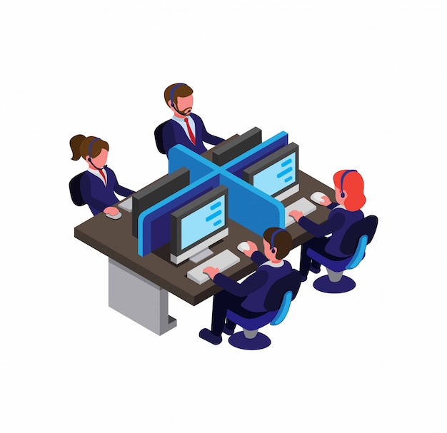Servicio al cliente, Call Center, hombre y mujer en traje azul uniforme trabajando en la comunicación de la oficina de trabajo con el cliente.