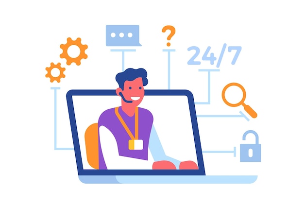 Servicio al cliente Comentarios en línea Operador de computadora portátil y centro de llamadas Línea directa web Ayuda de consultor Hombre con auriculares Soporte 24 7 Línea directa de Internet Tecnología de red Concepto vectorial