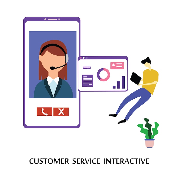 Vector servicio al cliente interactivo, centro de llamadas para compras en línea y concepto de negocio ilustración de diseño de plantillas vectoriales