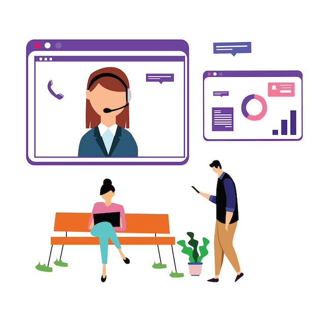 Vector servicio al cliente interactivo, centro de llamadas para compras en línea y concepto de negocio ilustración de diseño de plantillas vectoriales