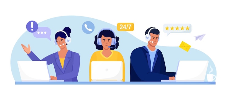 Vector servicio al cliente en línea el operador de la línea directa con auriculares y micrófono asesora a los clientes asistencia al cliente del centro de llamadas soporte técnico de chat en vivo