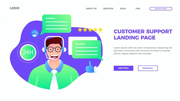 Vector servicio al cliente y plantilla de página de destino de soporte en estilo plano