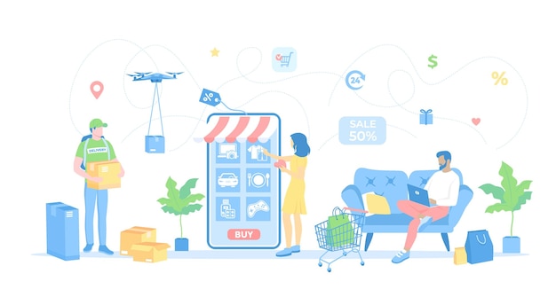 Servicio de aplicaciones de compras en línea Servicio bancario Servicio de entrega a domicilio La gente compra artículos en línea a través de p