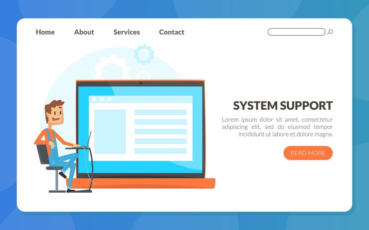 Vector servicio de apoyo administrativo con sysadmin fixing server en la plantilla de banner web de la pantalla de la computadora