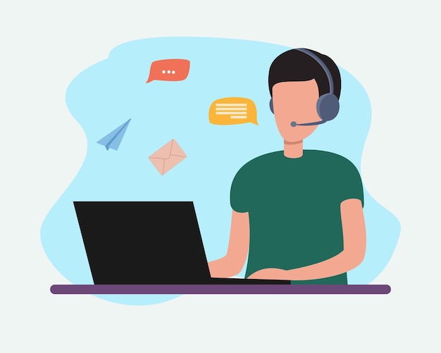 servicio de asistente de servicio al cliente o consultor en línea un hombre trabaja con una computadora portátil y auriculares