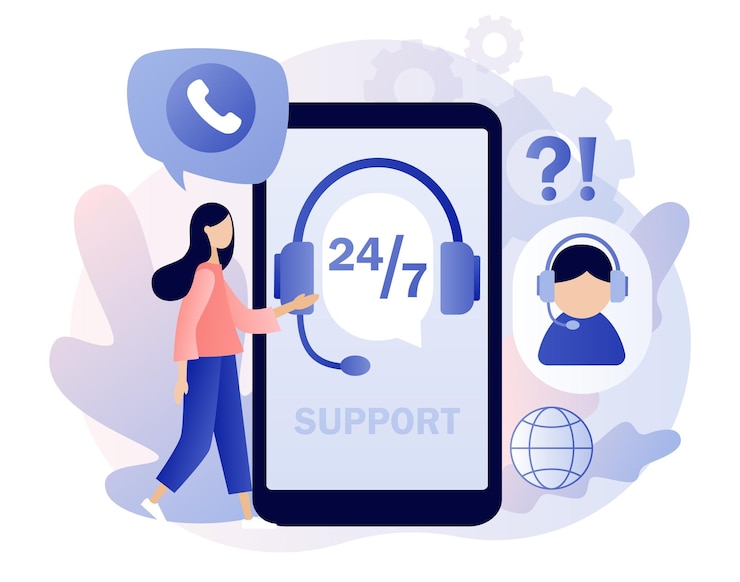 Vector servicio de atención al cliente en la aplicación para smartphones. centro de llamadas. concepto de soporte en línea 24-7. operador de línea directa