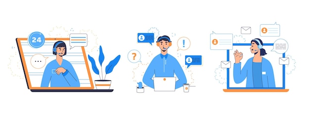 Servicio de atención al cliente centro de ayuda al cliente operadores de línea directa conjunto de ilustración de vector plano
