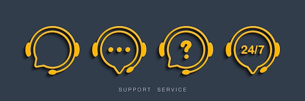 Servicio de atención al cliente. Iconos de chat. Símbolos del centro de llamadas. Símbolos de auriculares. Concepto de línea directa. ilustración