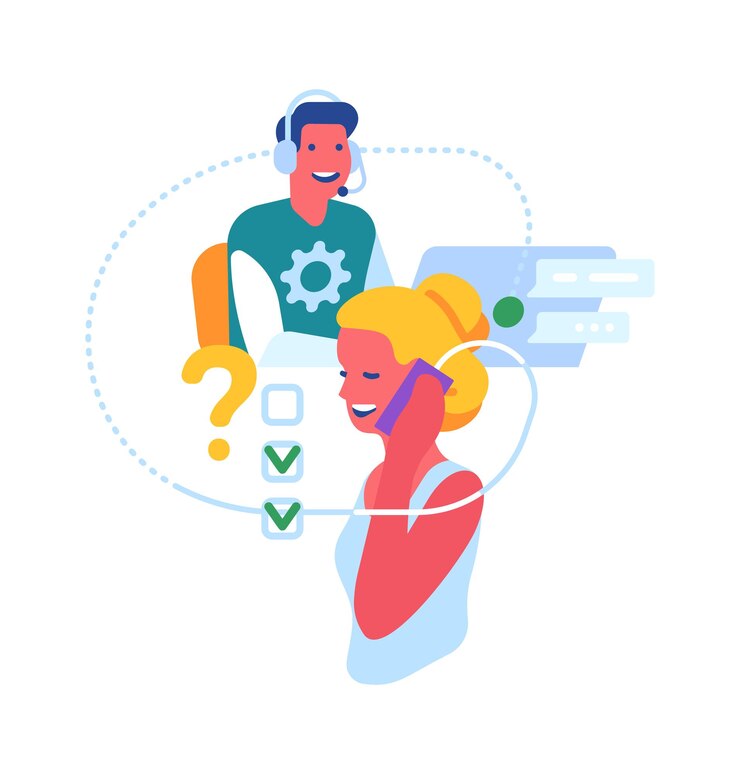 Vector servicio de atención al cliente. trabajadores del centro de llamadas, asistente en línea las 24 horas, asistente de chatbot, consumidor y operador de línea directa. partidario de la mujer ayuda al cliente. ilustración aislada plana de dibujos animados de vector