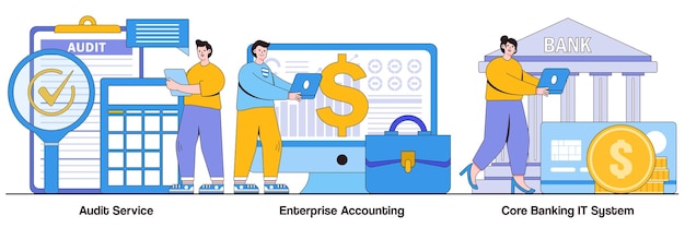Servicio de auditoría contabilidad empresarial core bancario concepto de sistema de TI con personajes de personas paquete de ilustración de finanzas comerciales empresa de consultoría transacción financiera clientes depósito metáfora