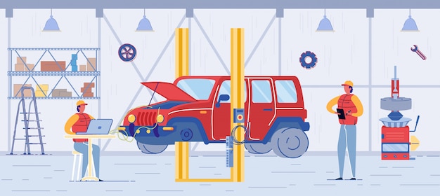 Servicio de Auto, Diagnóstico Electrónico de Automóviles. Automóvil con Alambre debajo del Capó Abierto. Reparador mecánico con portátil hace diagnóstico por computadora. Reparar el problema del automóvil, ilustración del servicio de mantenimiento