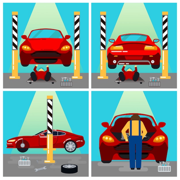 Vector servicio de auto. reparaciones y diagnósticos de automóviles. auto mantenimiento. serviceman en el trabajo. ilustración vectorial