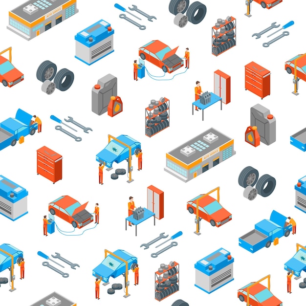 Servicio automático 3d patrón sin costuras Vector de vista isométrica de fondo