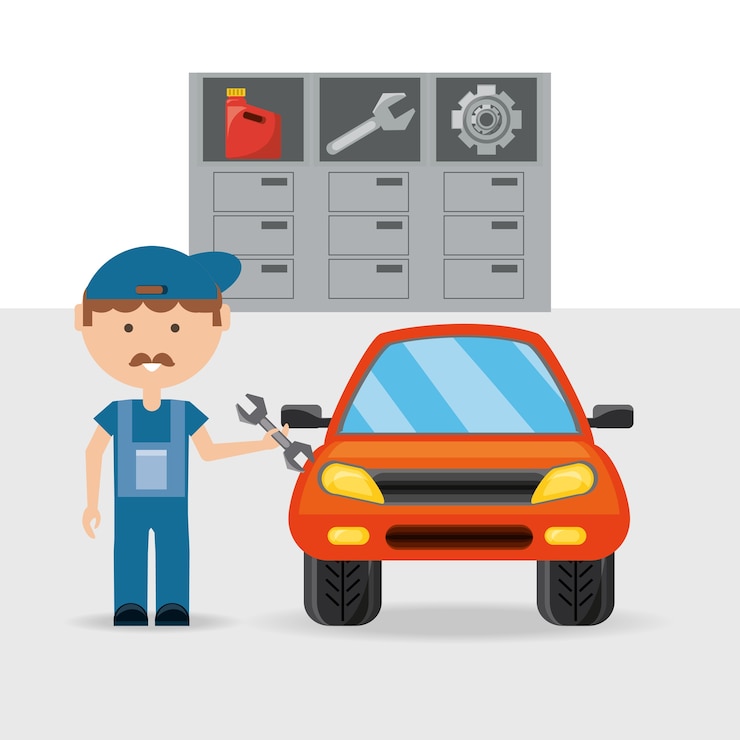 Vector servicio de automóvil y hombre de automóvil y reparación de maquinaria