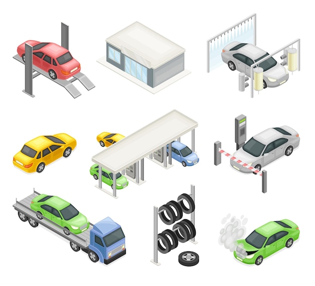 Servicio de automóviles o vehículos de motor con procedimiento de operación y mantenimiento Conjunto de vectores isométricos