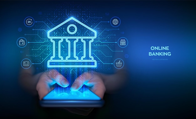 Servicio bancario El uso de una aplicación bancaria en línea en el teléfono inteligente Finanzas y banca conexión global a Internet Transacciones financieras API Fintech Tabla de circuitos de fondo Ilustración vectorial