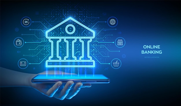 Servicio bancario El uso de una aplicación bancaria en línea en el teléfono inteligente Finanzas y banca conexión global a Internet Transacciones financieras API Fintech Tabla de circuitos de fondo Ilustración vectorial