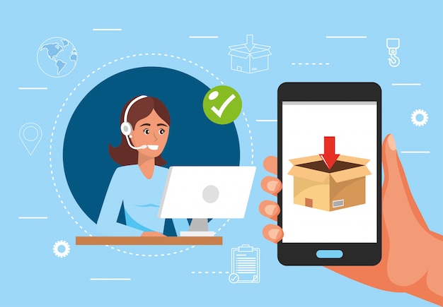 Vector servicio de call center para mujer y mano con smartphone y caja de distribución.