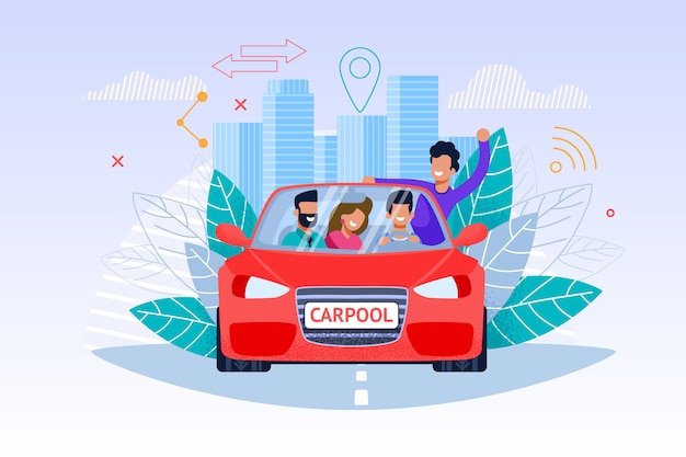 Servicio de carpool, viaje de fin de semana y carácter de hombre y mujer joven en auto rojo