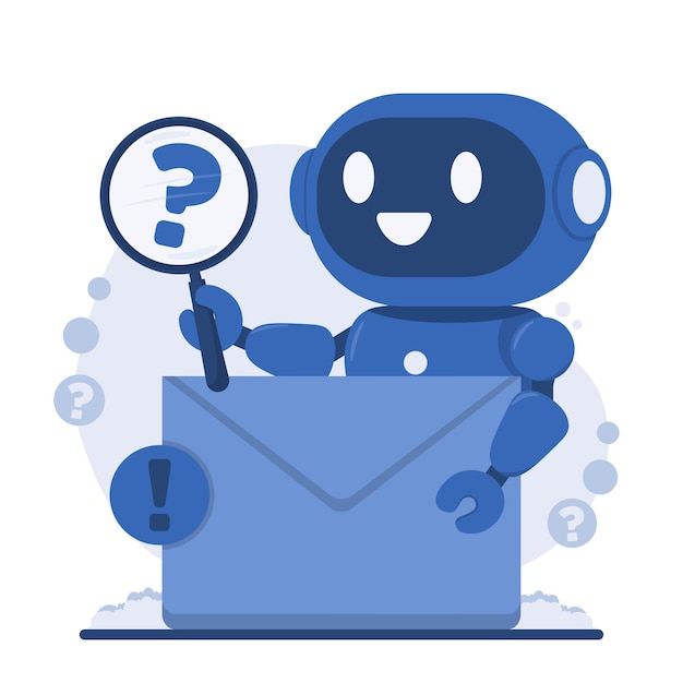 Servicio de chatbot de IA para soporte al cliente de chatbot instantáneo Robot gracioso que sostiene una lupa plana