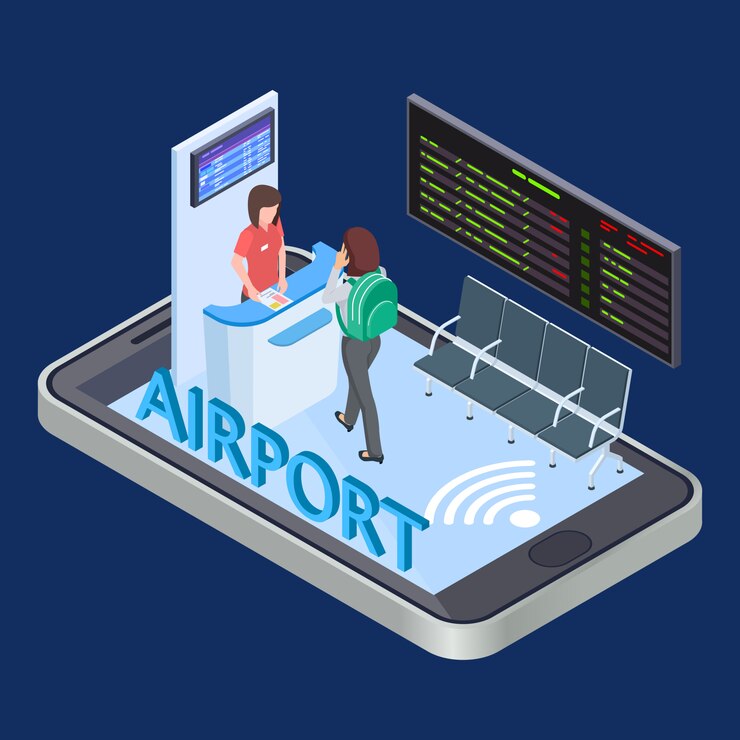 Vector servicio de check-in en línea, aplicación móvil isométrica