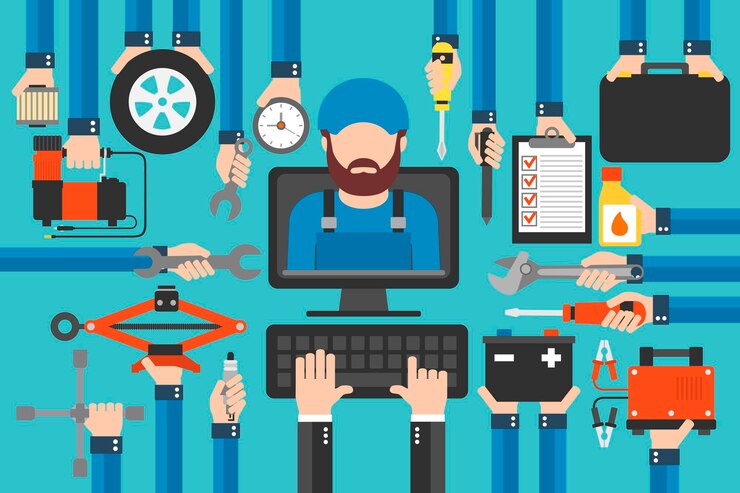 Vector servicio de coche computadora llamada en línea diseño plano con mecánico ilustración vectorial