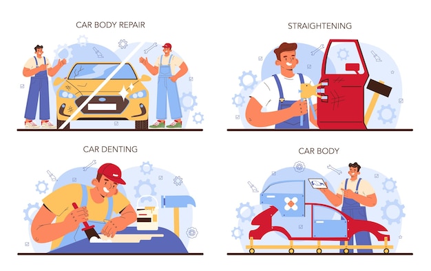 Vector servicio de coche conjunto de automóviles se arregló en mecánico de garaje en uniforme