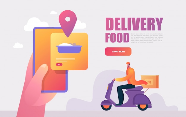 Servicio de comida a domicilio. Aplicación movil. Mensajero de sexo masculino joven con una mochila grande en una moto. Ilustración plana editable, clip art.