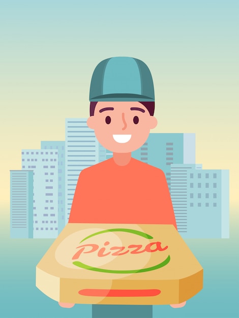 Servicio de comida a domicilio masculino, proveedor de carácter hombre mantenga ilustración de pizza. Persona joven en la tapa de la empresa trabajo pizzería italiana.