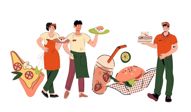 Servicio de comida para llevar camarero y camarera con vector de dibujos animados de repartidor aislado